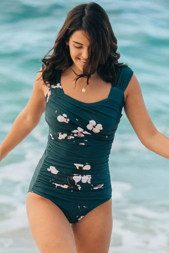 Ruched Floral Printed One Piece Swimsuit-elleschic