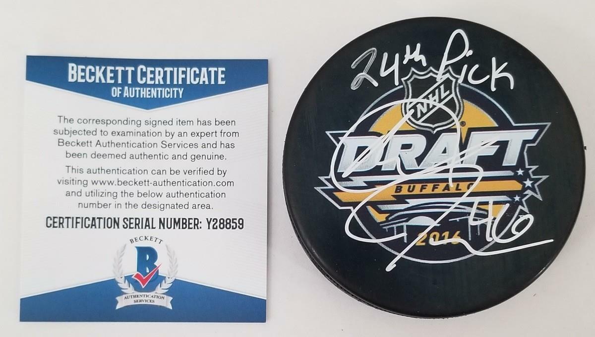 Max Jones signed 24TH PICK Official 2016 NHL Draft Puck Ducks ~ Beckett BAS COA