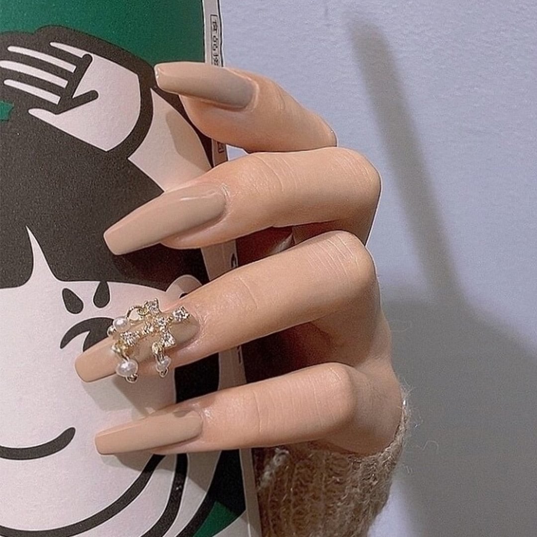 24pcs Tea Color Cross Pendant Fake Nails Full cover Fake Nails Glue DIY Manicure Nail Art Tools