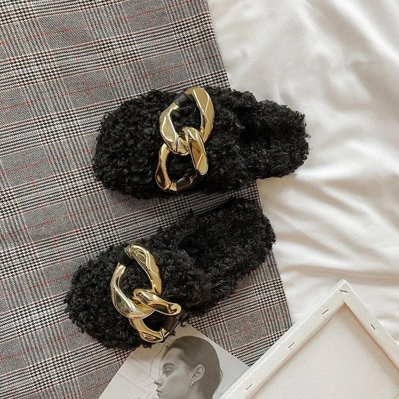 Lourdasprec 2022 Women Slippers Furry Fur Slides Home Flip Flops Ladies Winter Warm Metal Mules Shoes Female Outside Slippers For Women