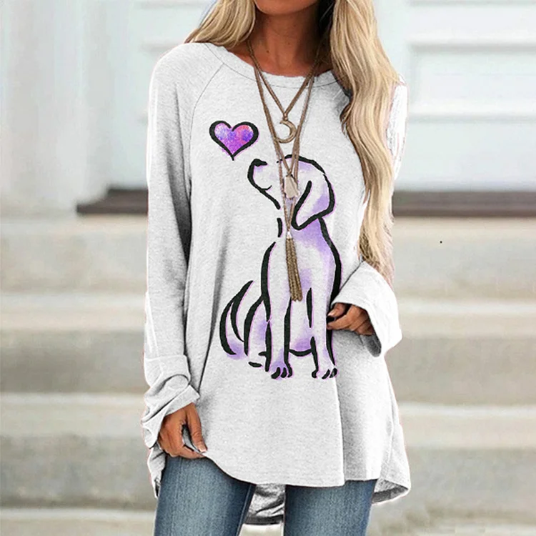 Wearshes Simple Dog Print Crew Neck Long Sleeve Tunic