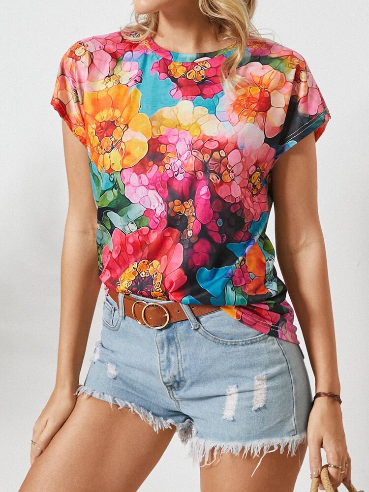 Flower Print Short Sleeve O neck Casual T Shirt For Women P1832573