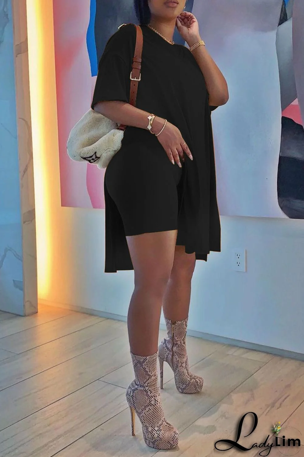 Grey Casual Solid Patchwork Slit O Neck Short Sleeve Two Pieces