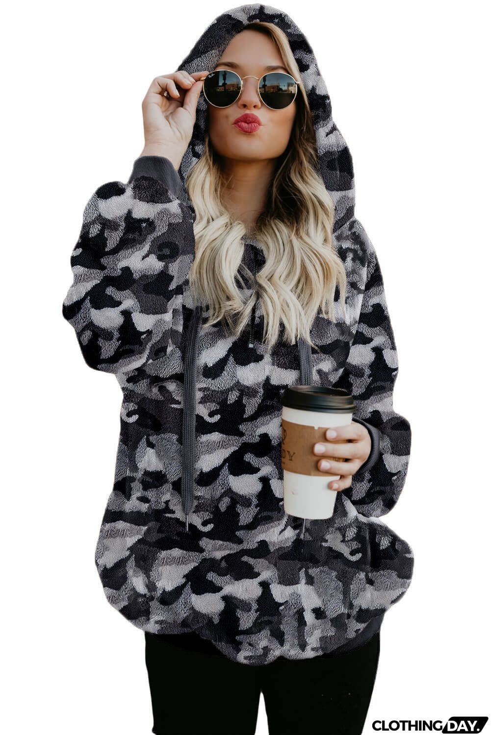 Camo Print Warm Furry Pullover Hoodie