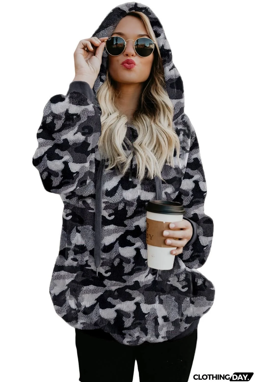 Camo Print Warm Furry Pullover Hoodie