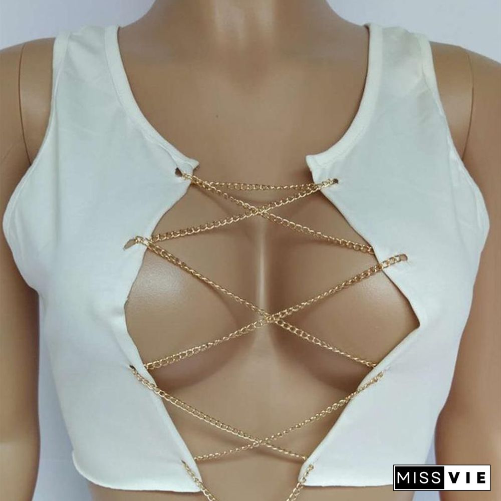 Red Black White Metal Chain Sleeveless Crop Top Sexy Clubwear Women Adjustable Lace Up Hollow Out Tank Tops Tees Camisole