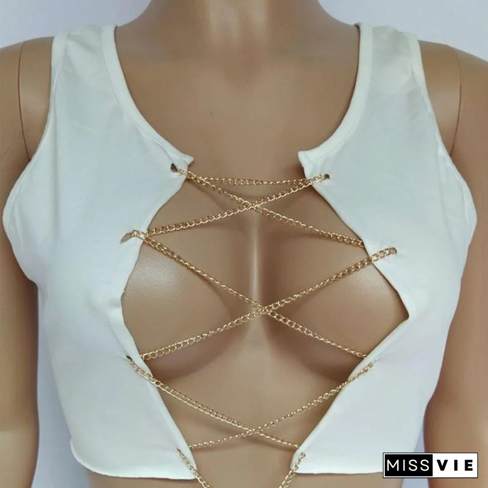 Red Black White Metal Chain Sleeveless Crop Top Sexy Clubwear Women Adjustable Lace Up Hollow Out Tank Tops Tees Camisole