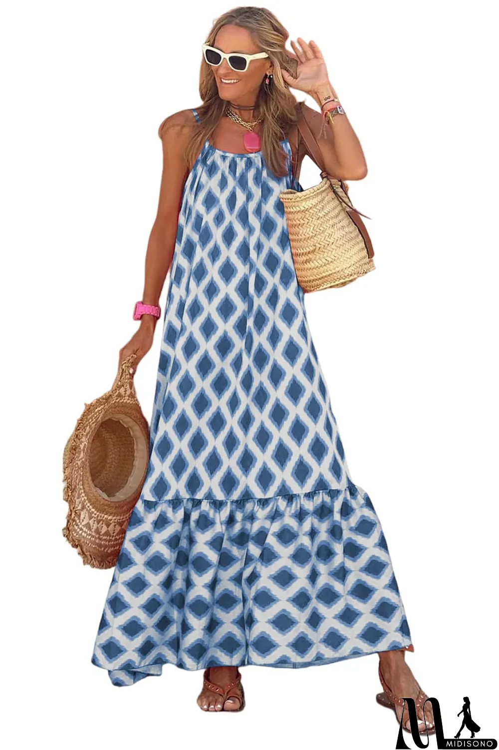 MidiSono - Blue Geometric Print Loose Fit Sleeveless Maxi Dress