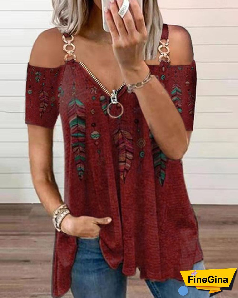 Summer New Fashion Women's Feather Printed Metal Strap Zipper V-neck Casual Strapless Short Sleeve Top Loose Plus Size Soft and Comfortable Summer T Shirt Shirt XS-5XL