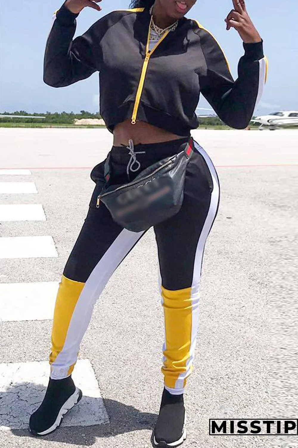 Black Fashion Casual Patchwork Basic Zipper Collar Long Sleeve Two Pieces