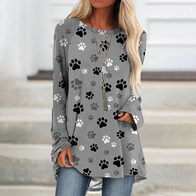 Vefave Dog Paw Print Crew Neck Casual Tunic