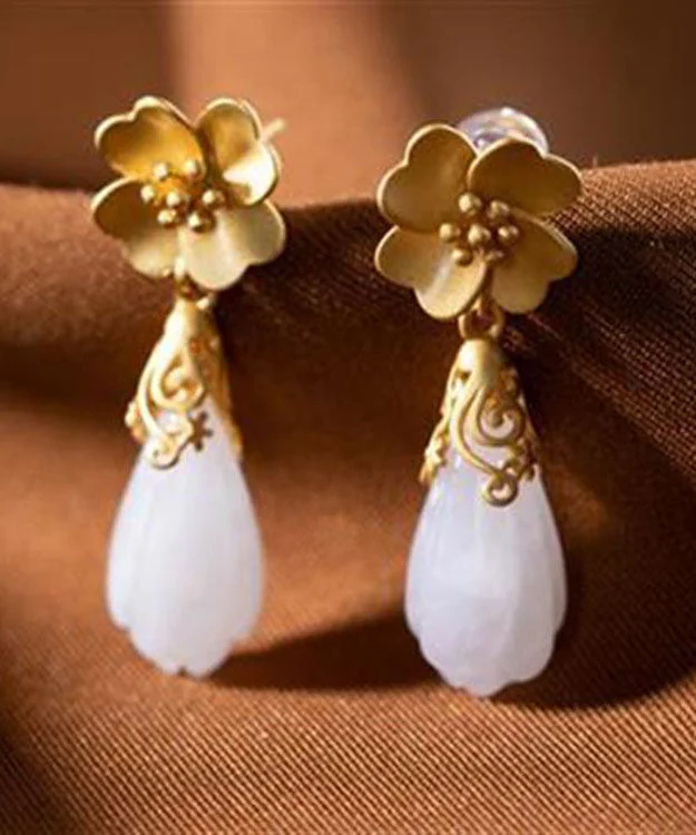 Elegant White Sterling Silver Overgild Jade Orchid Drop Earrings