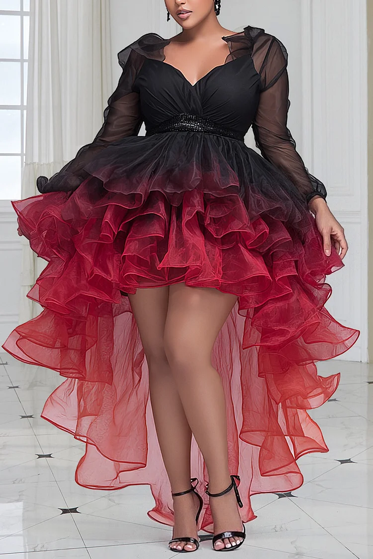 Xpluswear Design Plus Size Party Black Gradient V Neck Long Sleeve High Low Hem Elegant Ruffle Tulle Mini Dresses [Pre-Order]