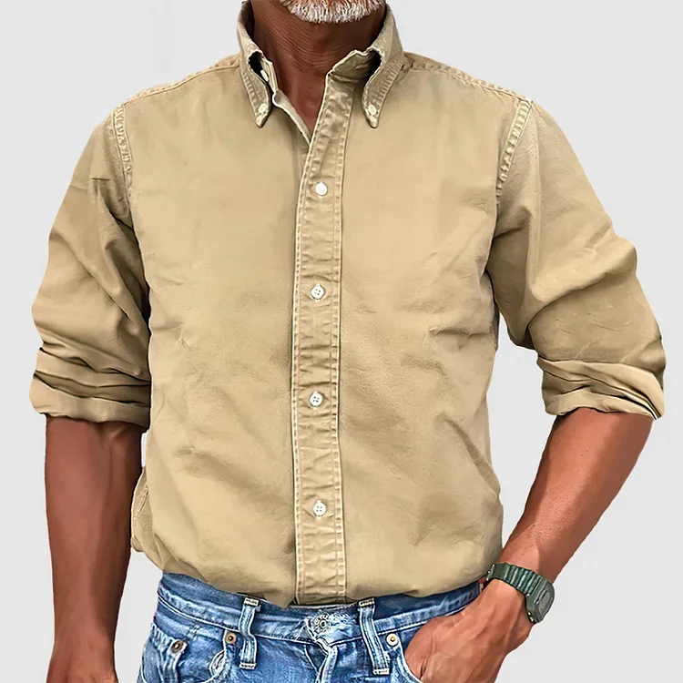 Men's Vintage Premium Washed Long Sleeve Solid  Color Shirt