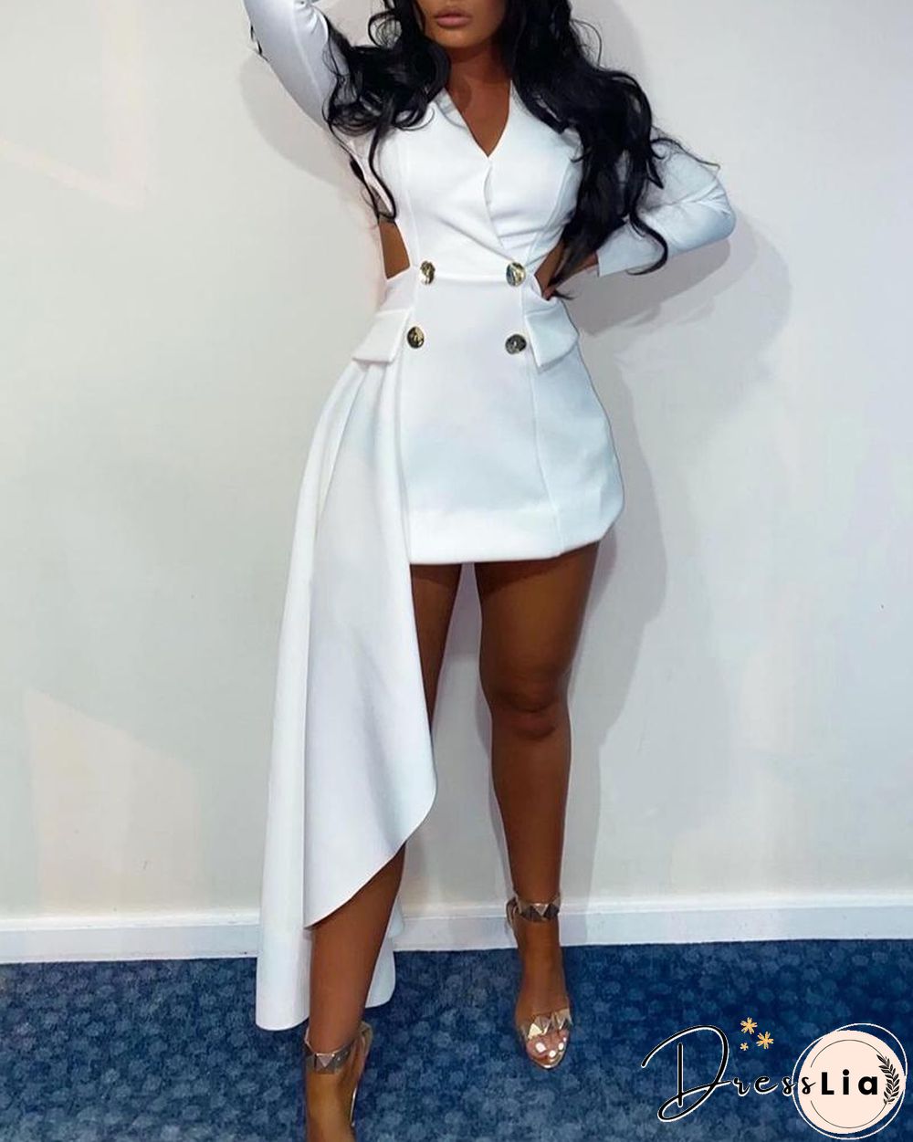 Plain Button Design Dip Hem Blazer Dress