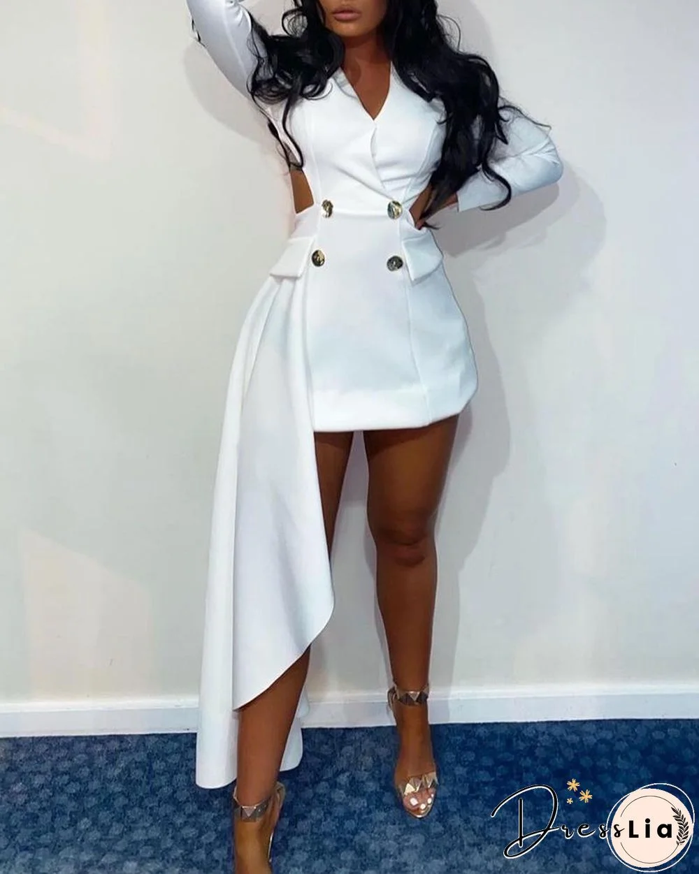 Plain Button Design Dip Hem Blazer Dress