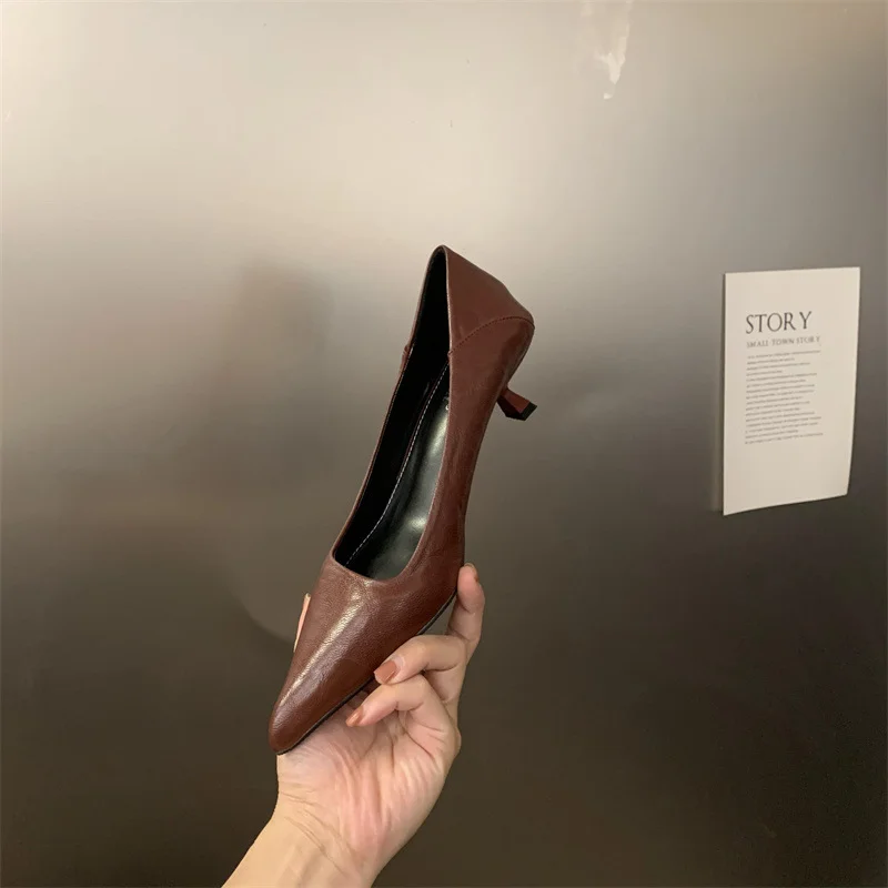 Breakj Breakj Autumn And Winter New Pointed High-Heeled High-Heeled Shoes Leopard Print Fashion Commuting Low-Heeled Kitten Heel Single Shoes