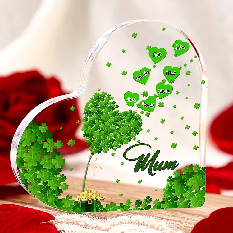 7 Names-Personalized Mum Lucky Clover Acrylic Heart Keepsake Custom Text Acrylic Plaque Ornaments Gifts Set With Gift Box for Nan/Mother-St Patrick's Day