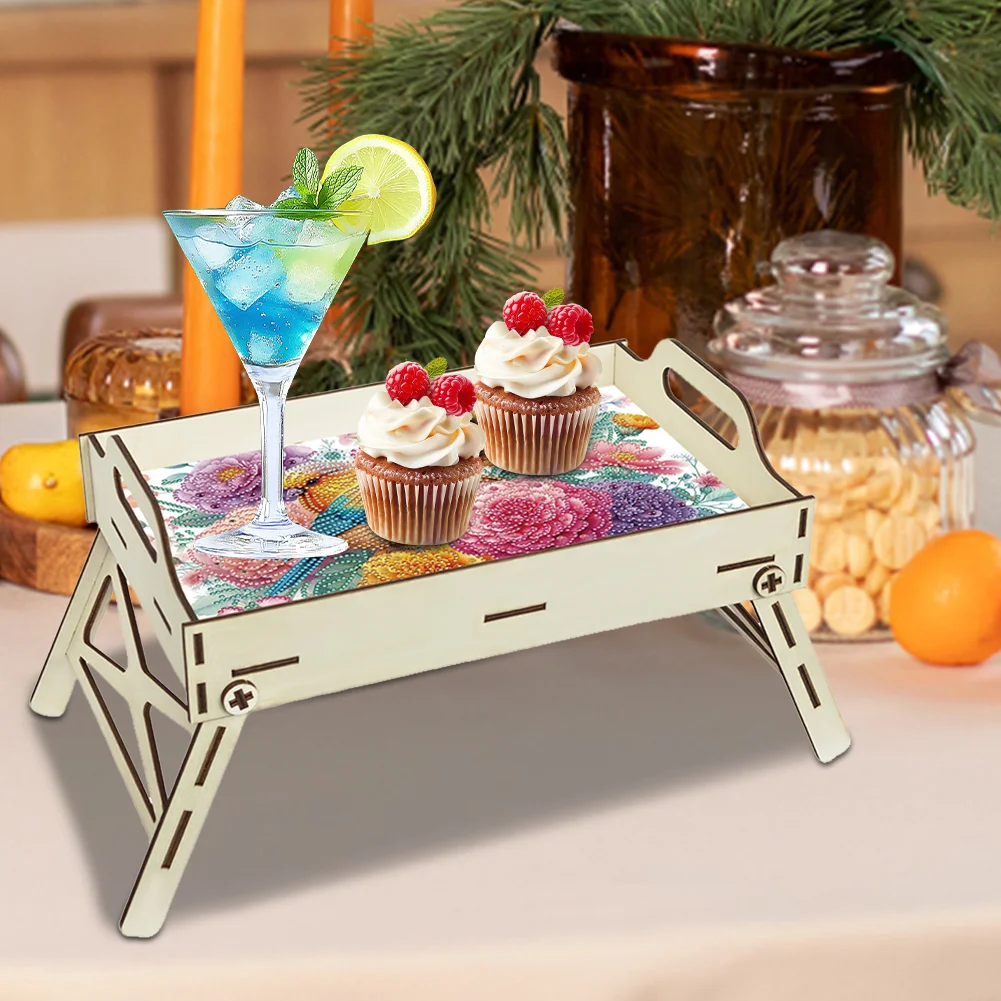 5D DIY Flower-Bird Diamond Painting Serving Tray with Handle for Coffee Table