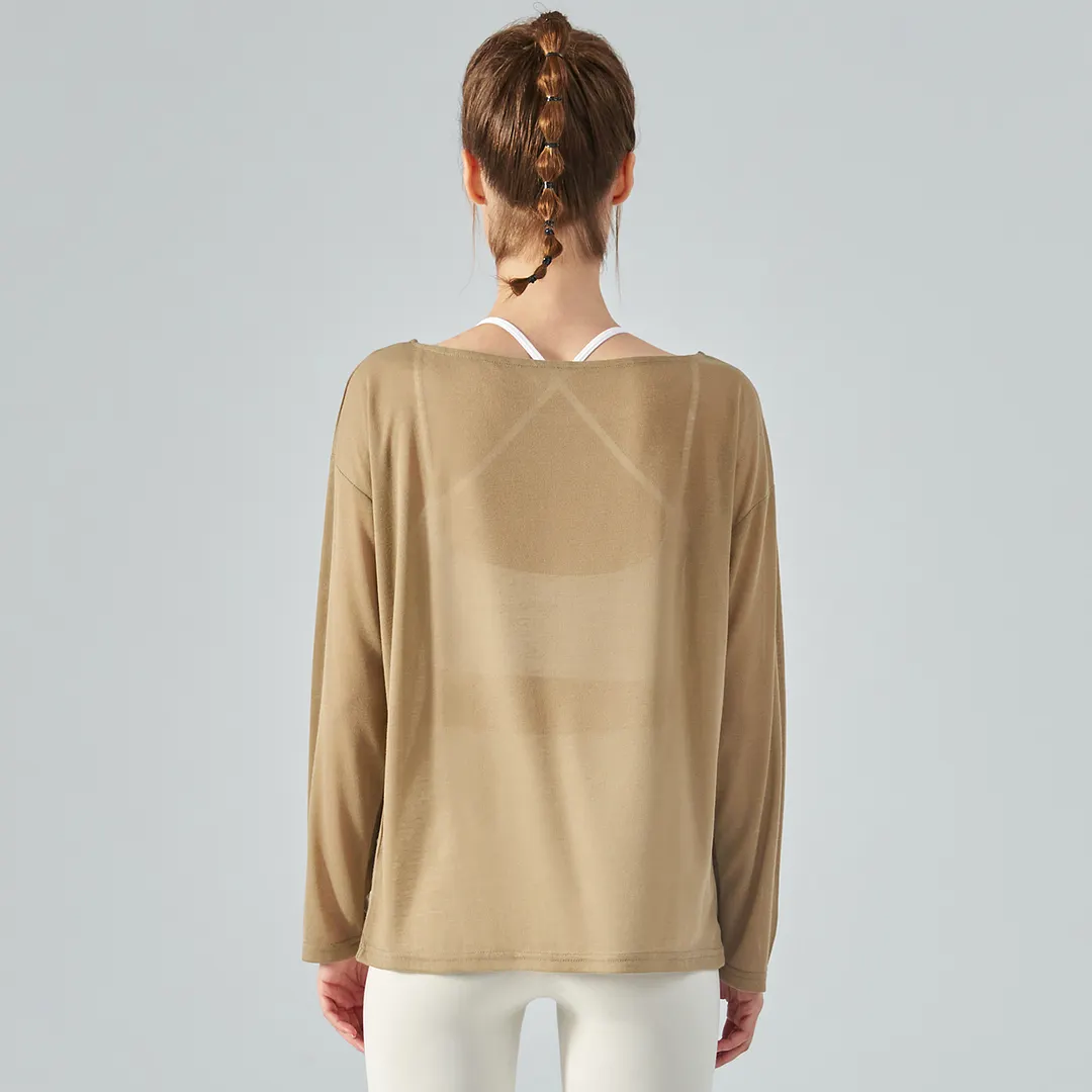 Buy Hergymclothing Khaki Brown off shoulder lightweight butter soft eco skin friendly comfortable everyday casual yoga smock shirt at an affordable price