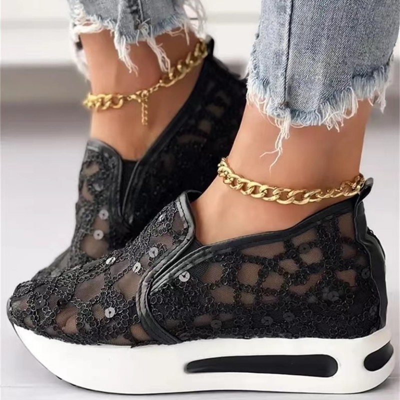 Women's Sneakers Floral Embroidery Mesh Sneakers for Women Slip on Casual Comfy Heeled Shoes Woman