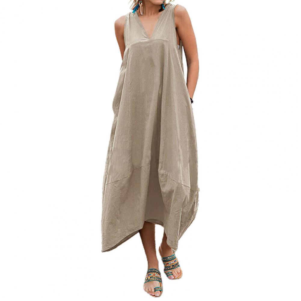 Woman Side Pockets Back Lace-Up Large Hem Baggy Dress