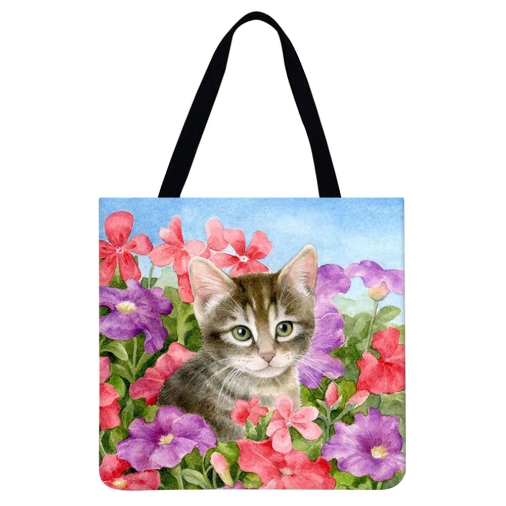 Linen Tote Bag - Cat among flowers