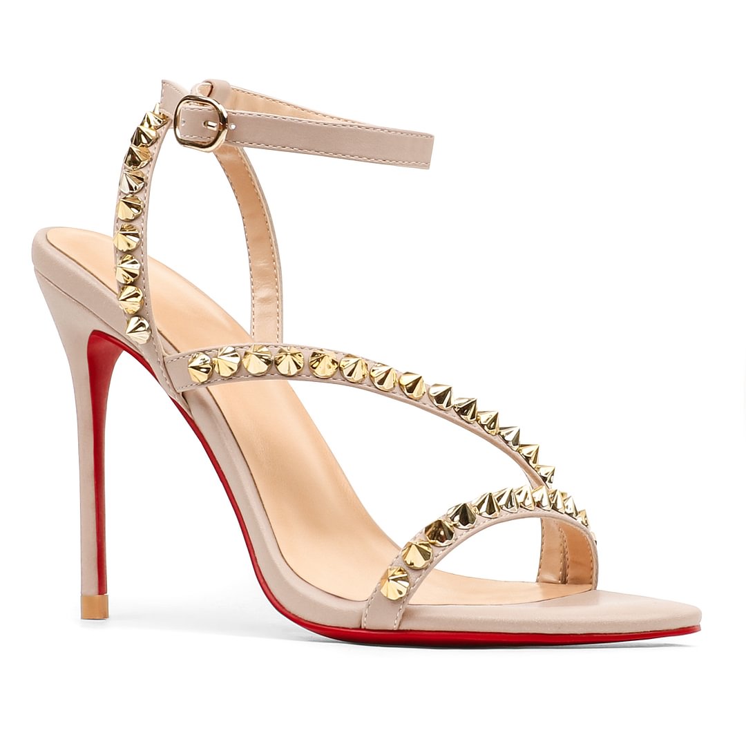 100mm Women Slingback Open Toe Rivets Sandals Ankle Buckle High Heel Summer Red Bottoms Shoes-MERUMOTE