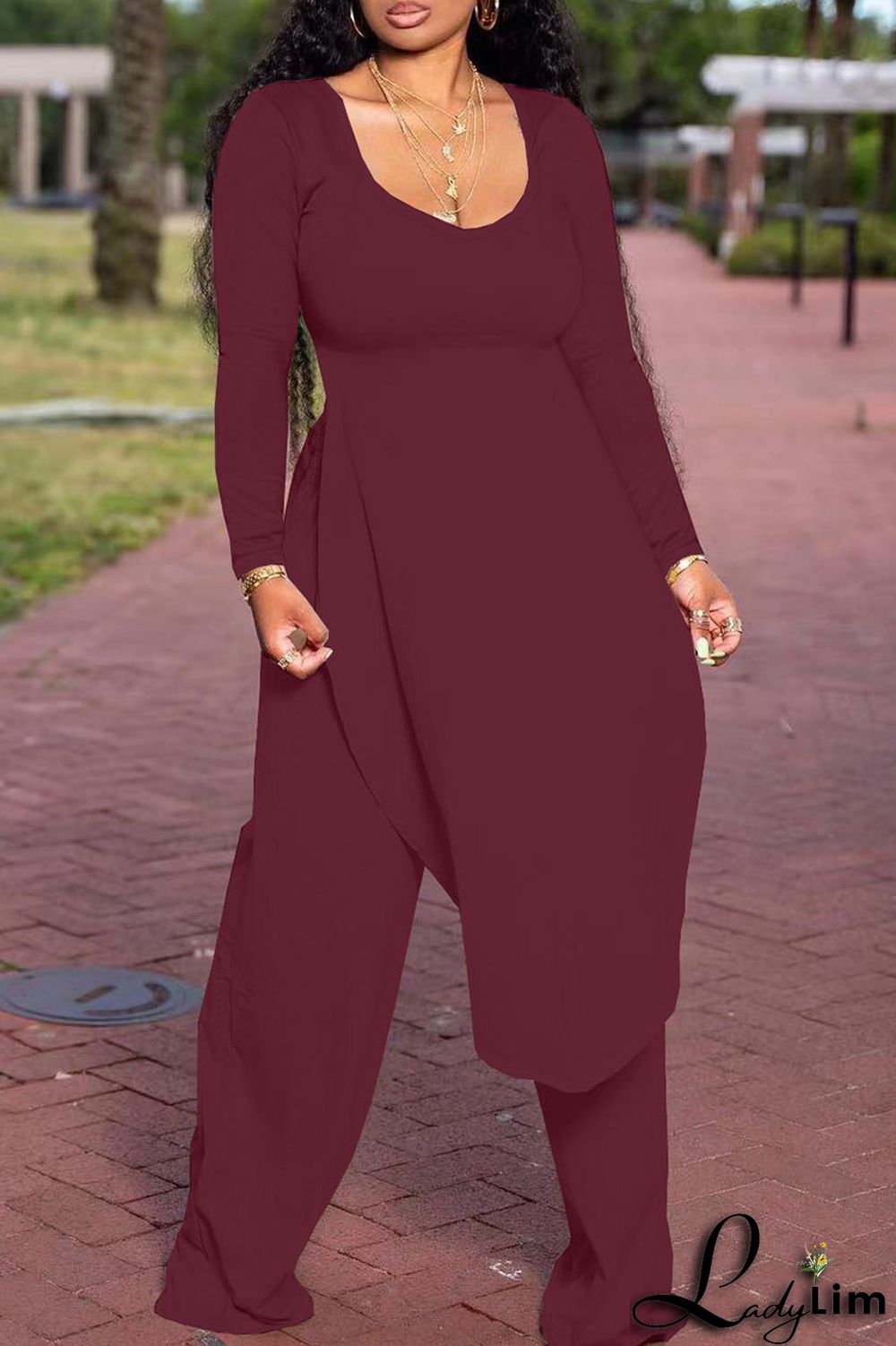 Black Casual Solid Patchwork Slit O Neck Plus Size Two Pieces