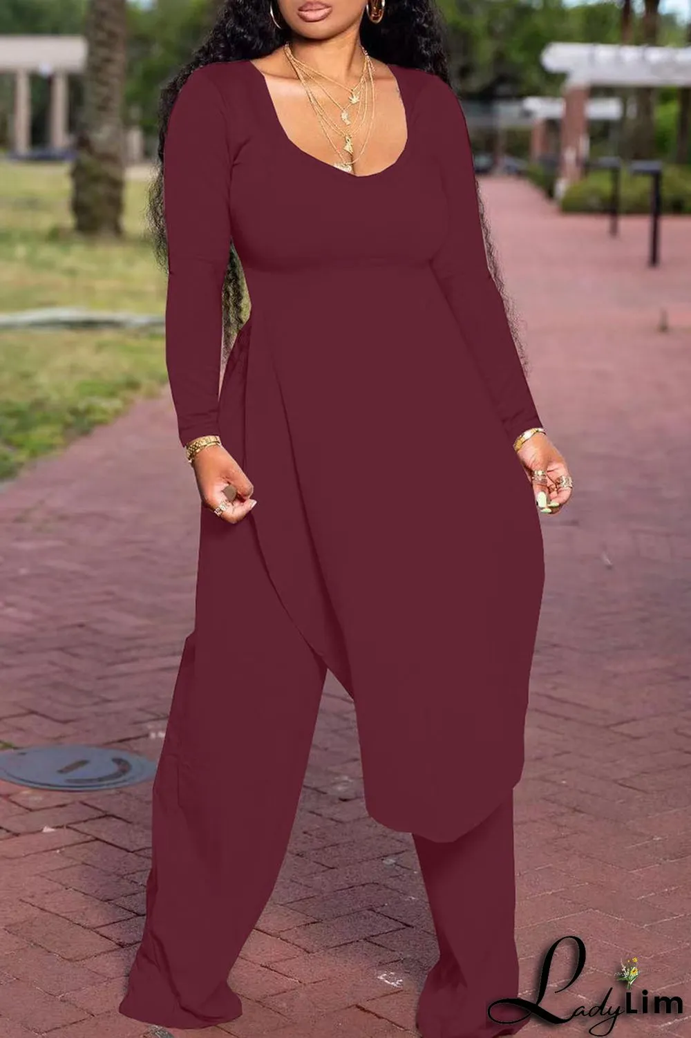 Black Casual Solid Patchwork Slit O Neck Plus Size Two Pieces