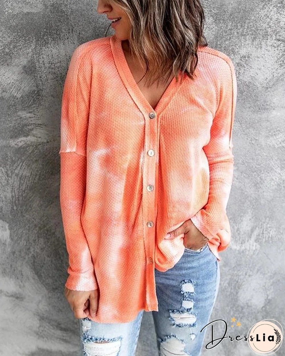 Buttoned V-neck Loose Tie-dye Cardigan