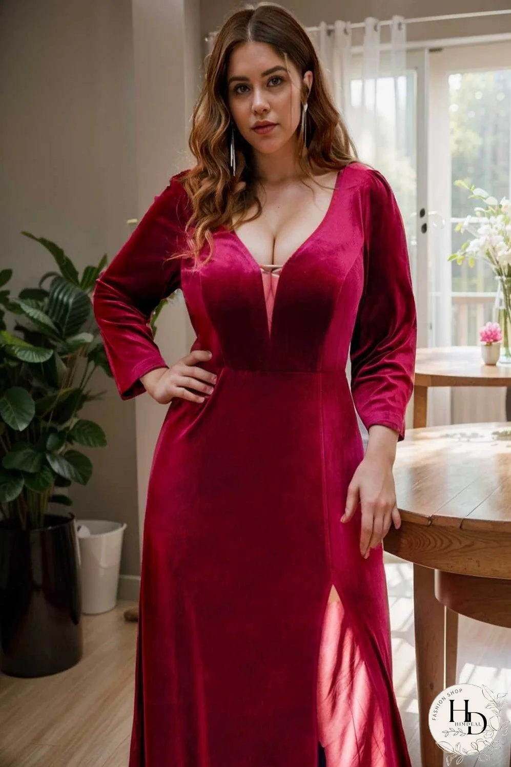 velvet 3 4 length sleeve illusion v neck front slit evening dress