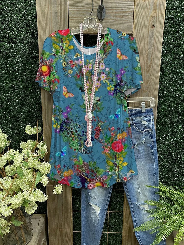 Blue Flower Casual Women's T-Shirt-Mayoulove