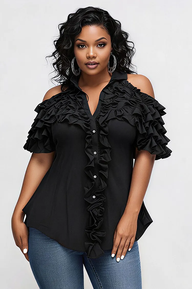 Xpluswear Design Plus Size Business Casual Black Shirt Collar Cold Shoulder Short Sleeve Ruffle Tiered Blouses [Pre-Order] 2024 - Xpluswear