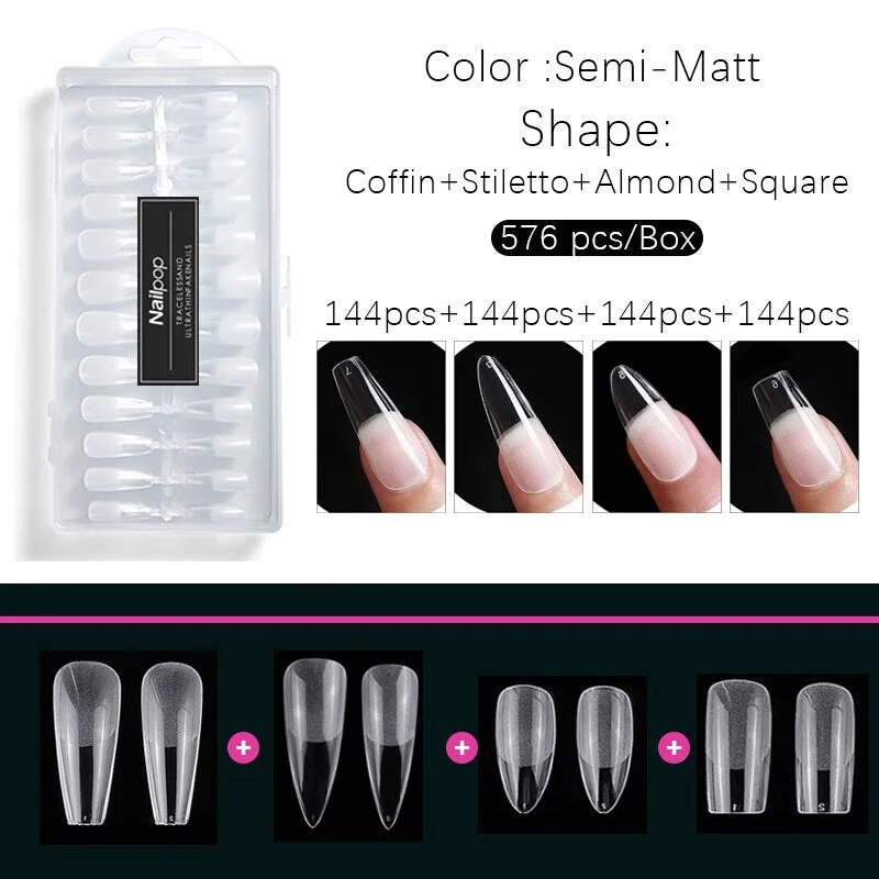 Nailpop Nail Tips Semi-Matt Press on Nails Coffin Tips Full Cover False Nails Almond Nail Art Boxed Fake Nails 576/600pcs