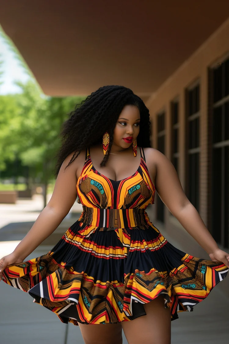 Xpluswear Design Plus Size Beach Multicolor African Ankara V Neck Swimsuit Fabric Swimwear Dress