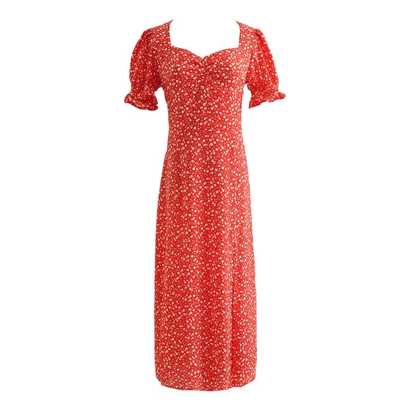 Aachoae Elegant Floral Print Dress Front Split Party Midi Dress Butterfly Short Sleeve Vintage Red Dress A Line Sundress Vestido