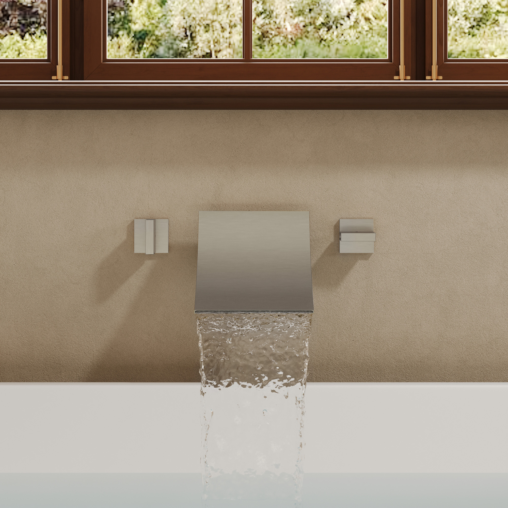 GRANDJOY Wall-Mounted 6 in. Waterfall Tub Filler Faucet with Dual Handles, 6.6 GPM High Flow Rate, Solid Brass Valve, Brushed Nickel