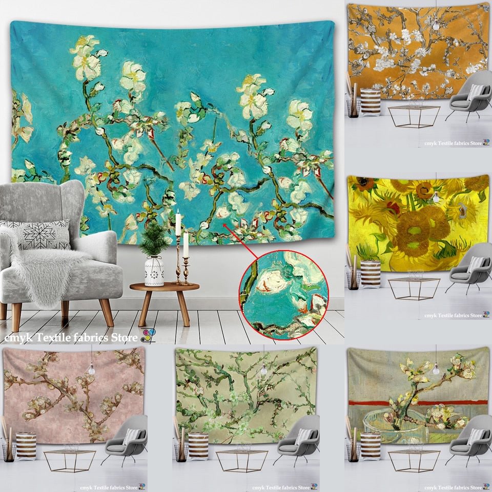 Van Gogh Oil Painting Almond Blossoms Tapestry Headboard Wall Art Bedspread Dorm Tapestry Home Decor