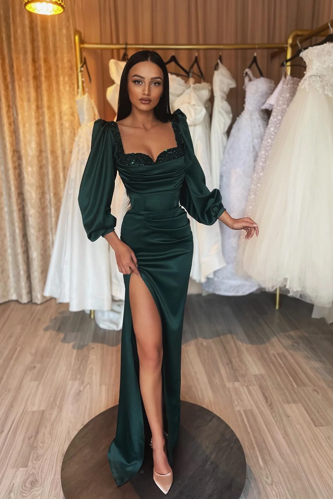 Bellasprom Dark Green Sweetheart Long Sleeves Mermaid Prom Dress Sequins With Split