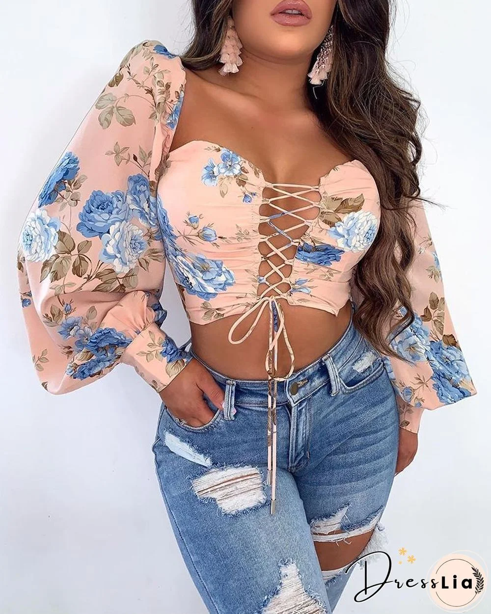 Floral Print Drawstring Lace-up Crop Top P11848