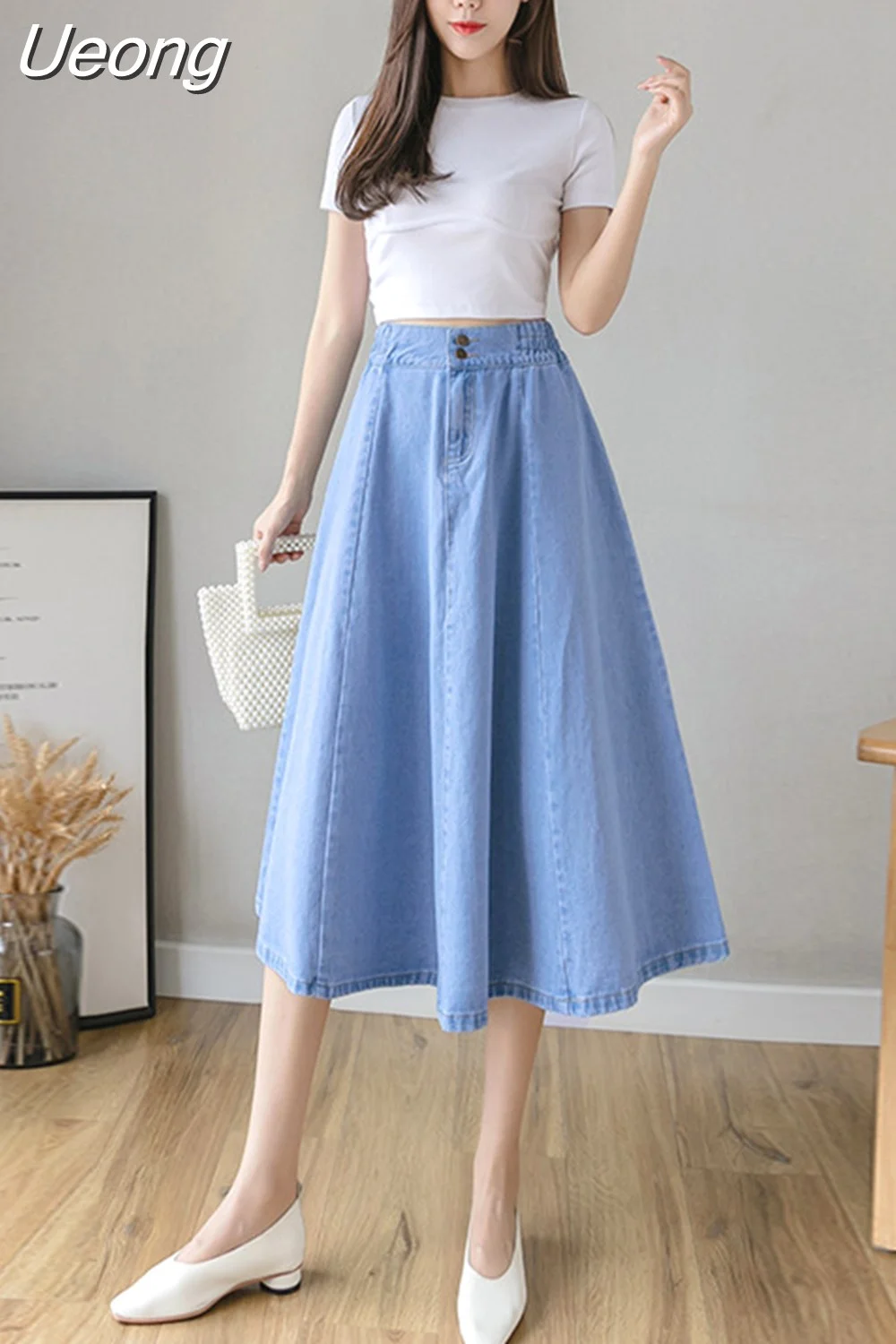 Ueong Elastic Waist Mid-length Denim Skirt Women Large Swing High Waist Casual Long Skirt QT1703