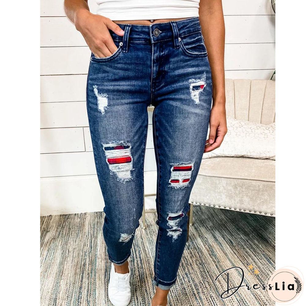 Womens Jeans Printed Patch Ripped Hole Washed Denim Trouser