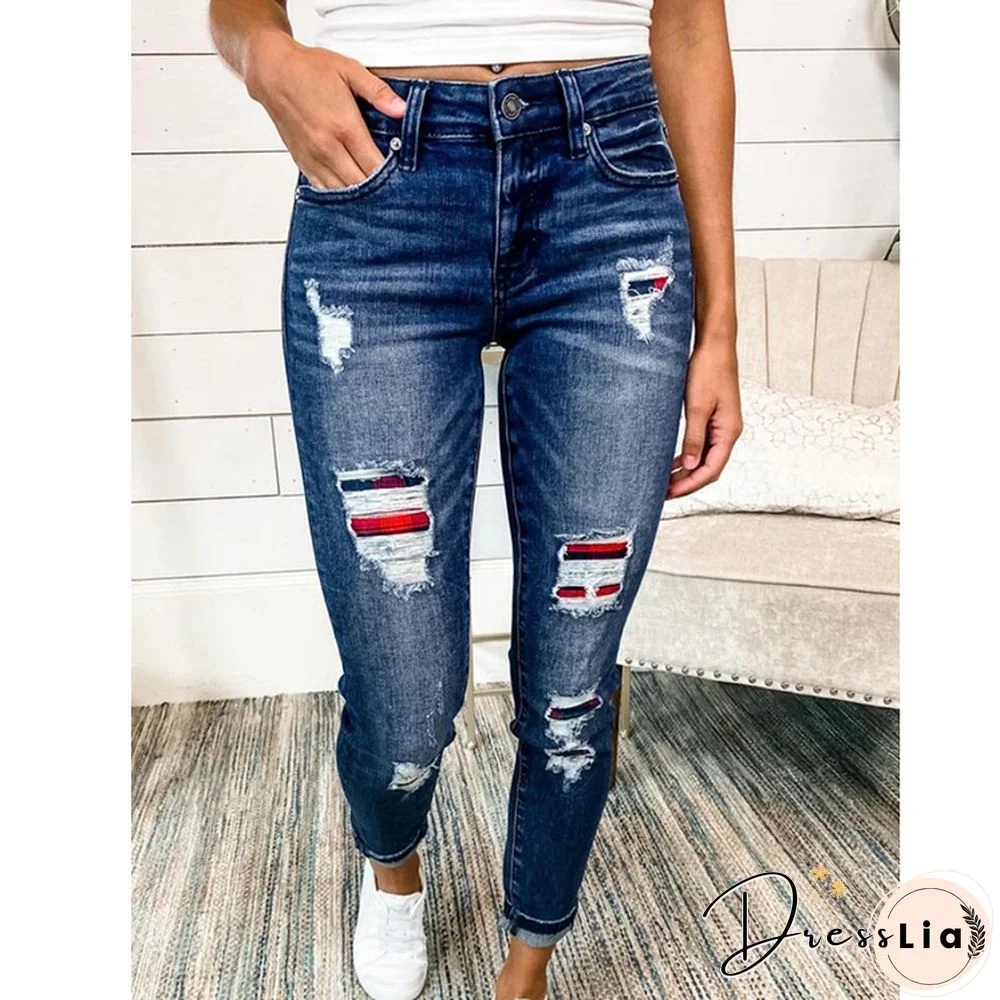 Womens Jeans Printed Patch Ripped Hole Washed Denim Trouser