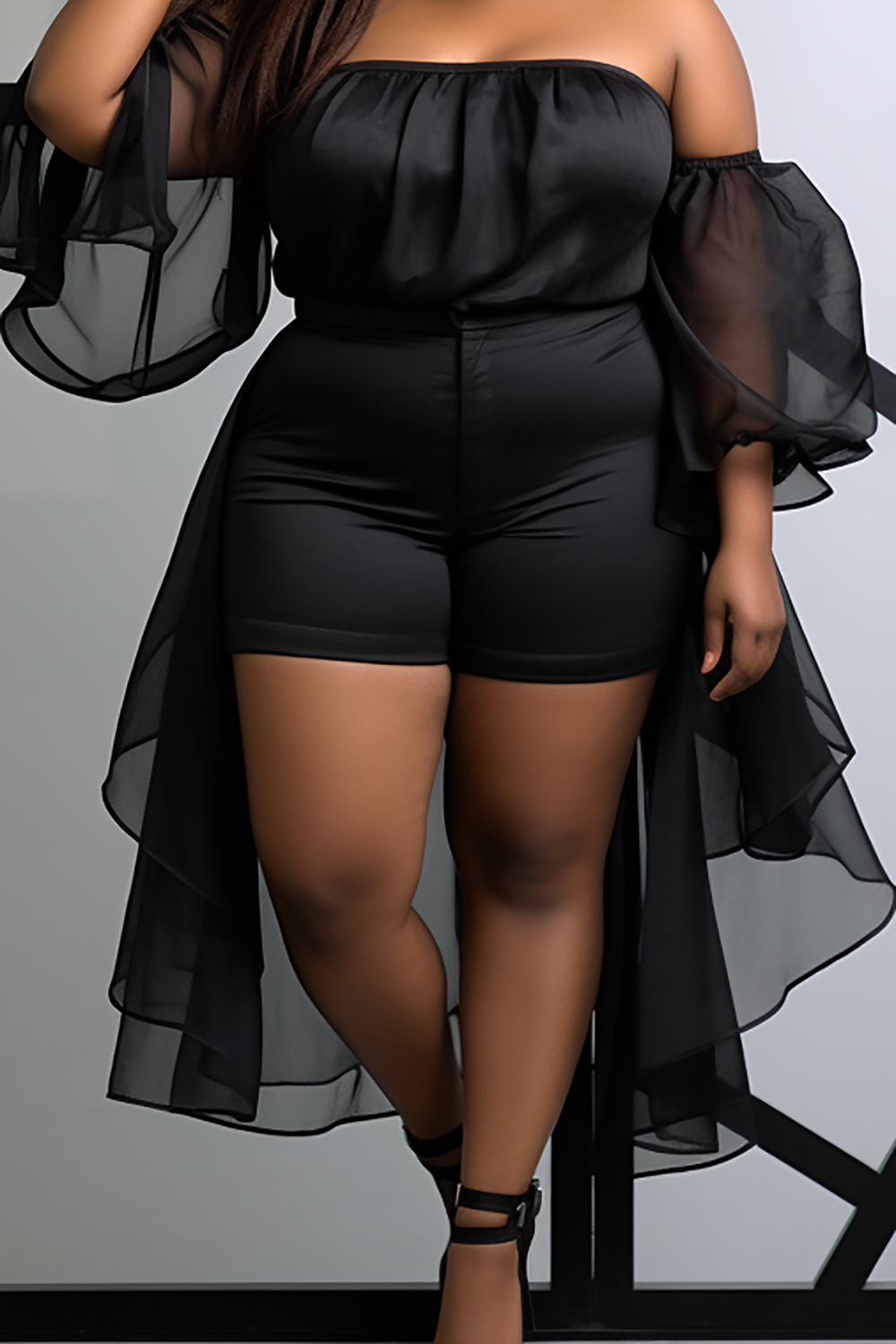Design Plus Size Daily Black Party Off The Shoulder Puff Sleeve Mesh Two Piece Sets [Pre-Order]