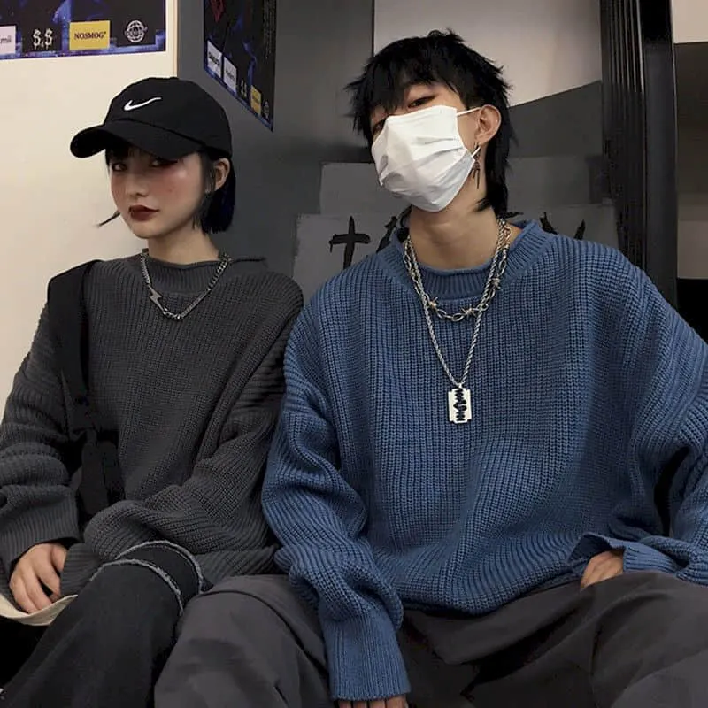 Lazy Couple Male  Harajuku Retro Trend Thick Line Sweater Solid Color Loose Oversize Top Autumn Winter Oversized Sweater