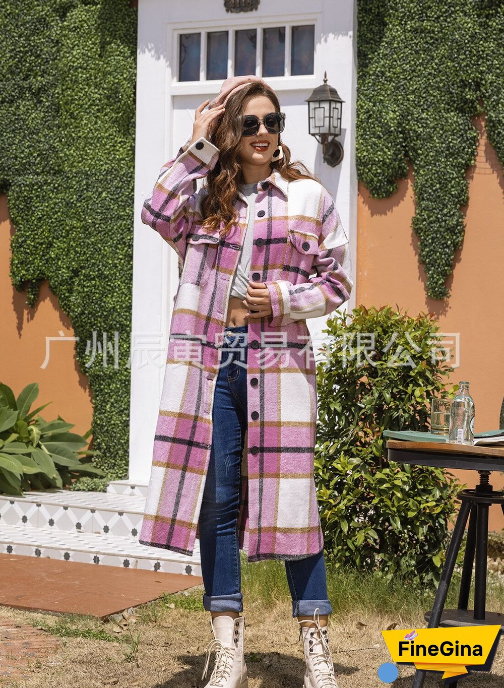 Autumn And Winter Classic Plaid Coat Ladies Lapel Double Side Pockets Long Loose All-match Coat Jackets