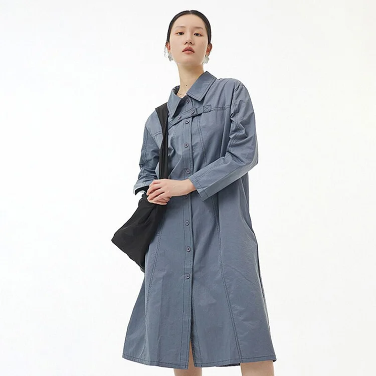 Fashion Loose Solid Color Lapel Single-breasted Suture Decor Long Sleeve Dress