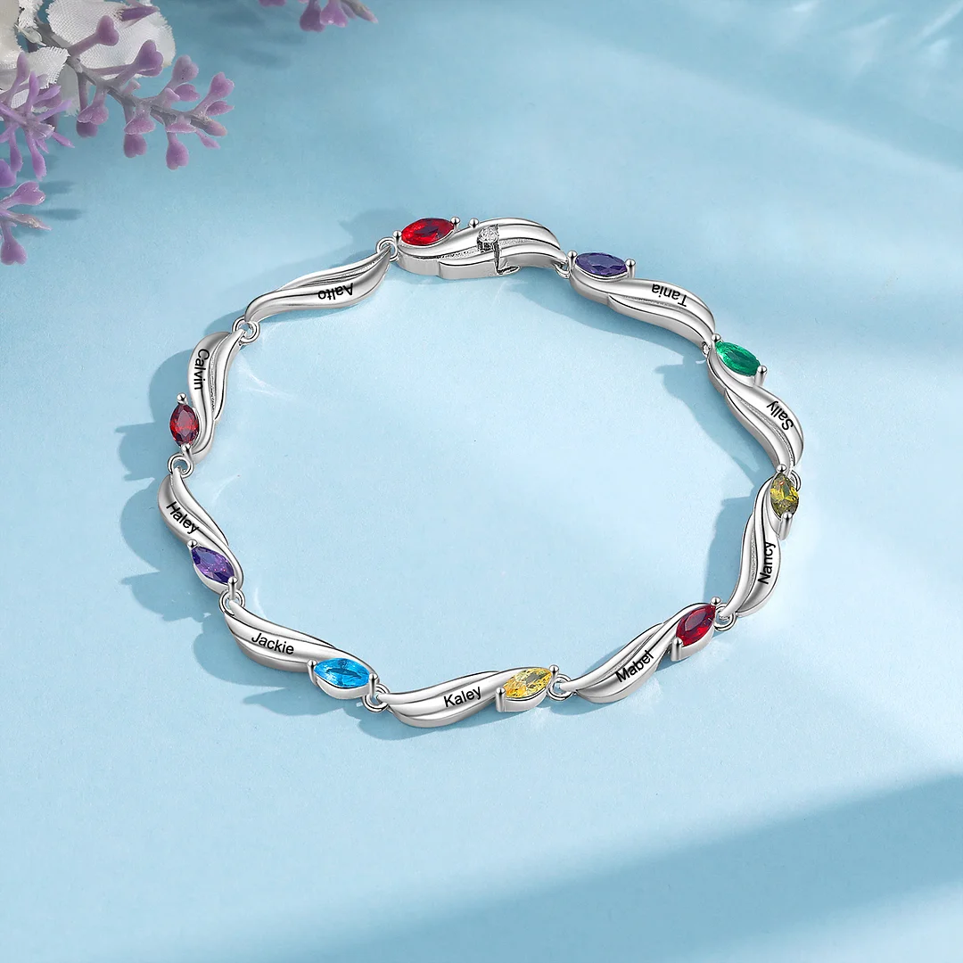Customize Birthstone Bracelet Engrave 9 Names Family Bracelet Gifts For Her