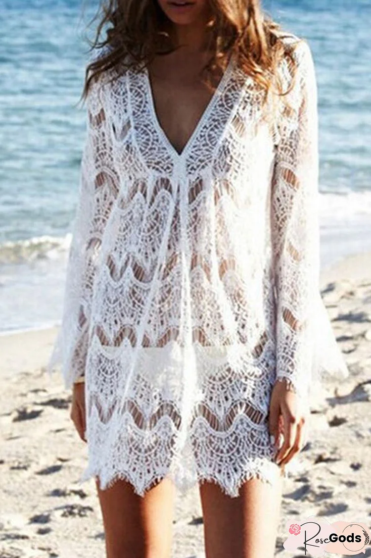 Lace V-Neck Trumpet Sleeve Casual Cover Up